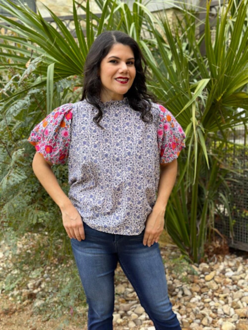 THML Blue & Pink Embroidered Floral Puff Sleeve Top Size Medium